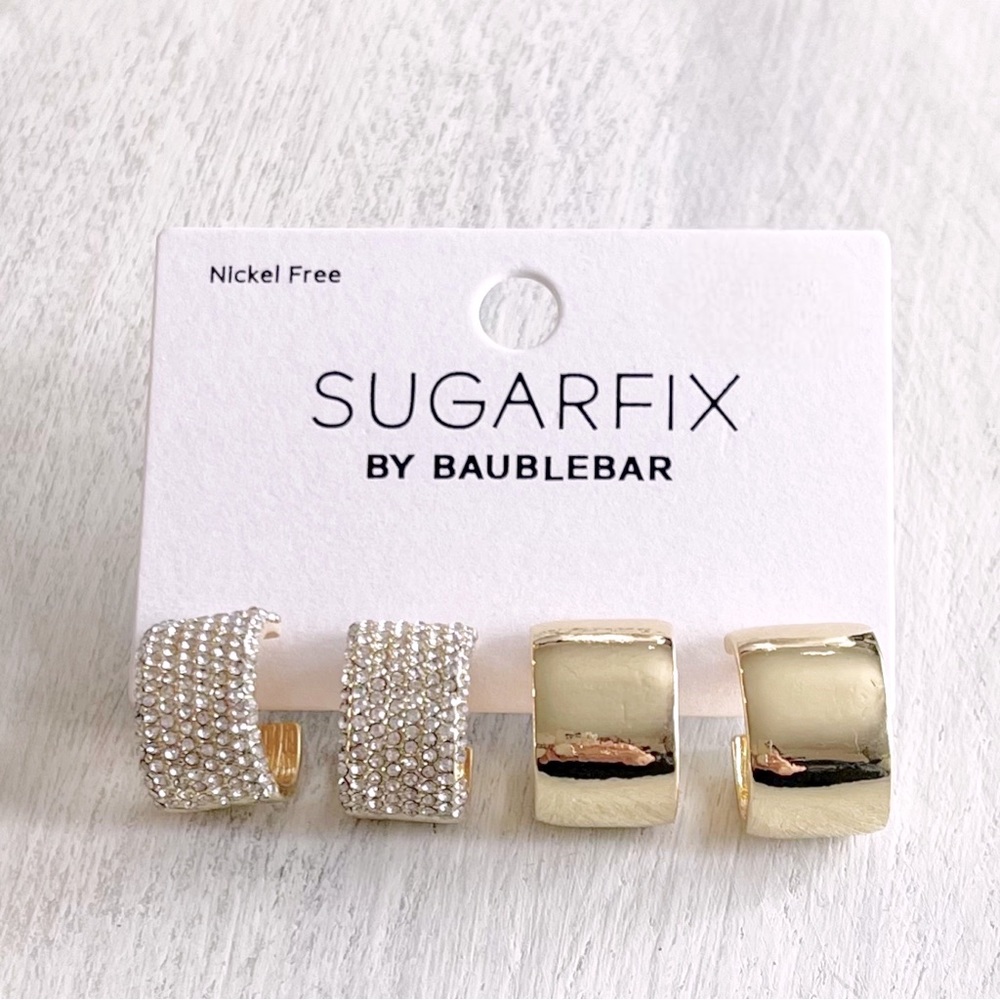 SUGARFIX By Baublebar Set of 2 Earrings Gold Rhinestones Cuff Design Pierced NWT